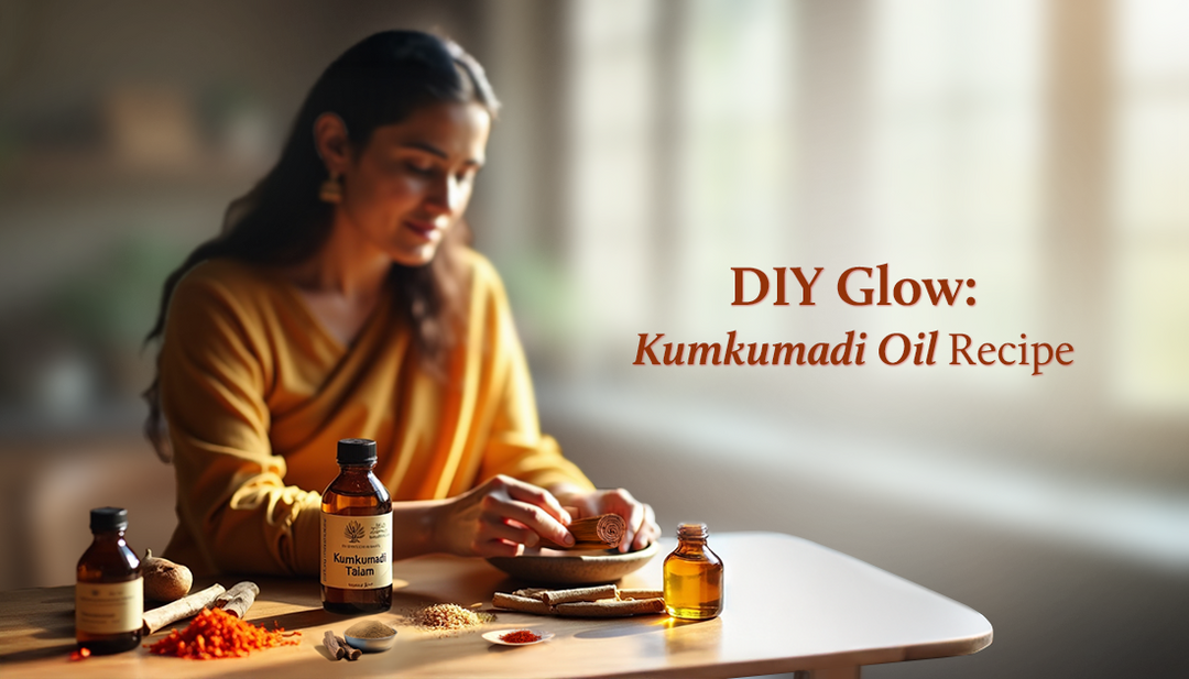 A woman is creating a DIY skincare remedy using Kumkumadi oil, with the Kumkumadi bottle and other ingredients placed on the table beside her hands.