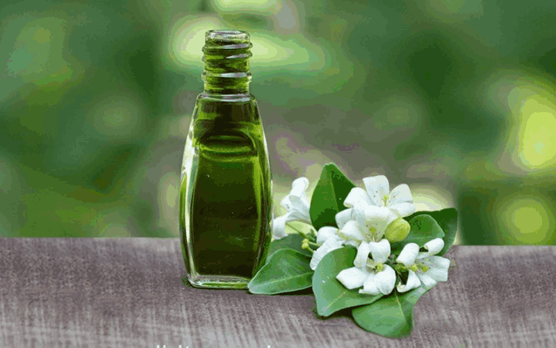 BHringraj oil bottle with its flowers and leaves are on table