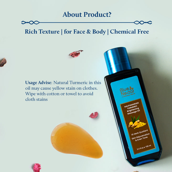 Blue Nectar Nalpamaradi Thailam Skin Brightening Treatment Oil | Plant Based Body Oil and Face Oil for Glowing Skin Infused with Turmeric, Amla and Manjistha (16 herbs)